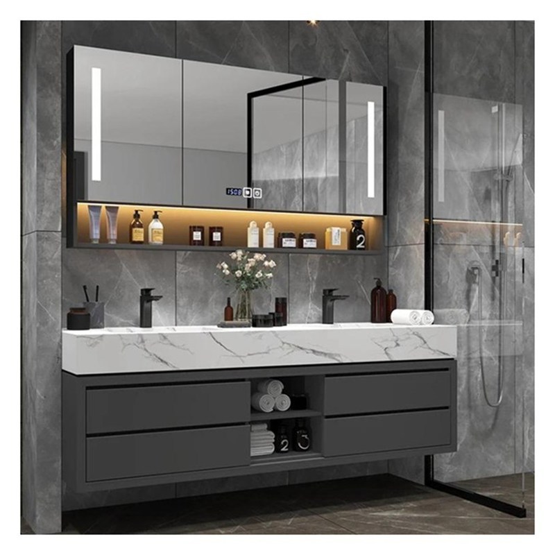 固い木灰色漆器風呂のバニティ ガラスドアパネルと統合盆デザイン