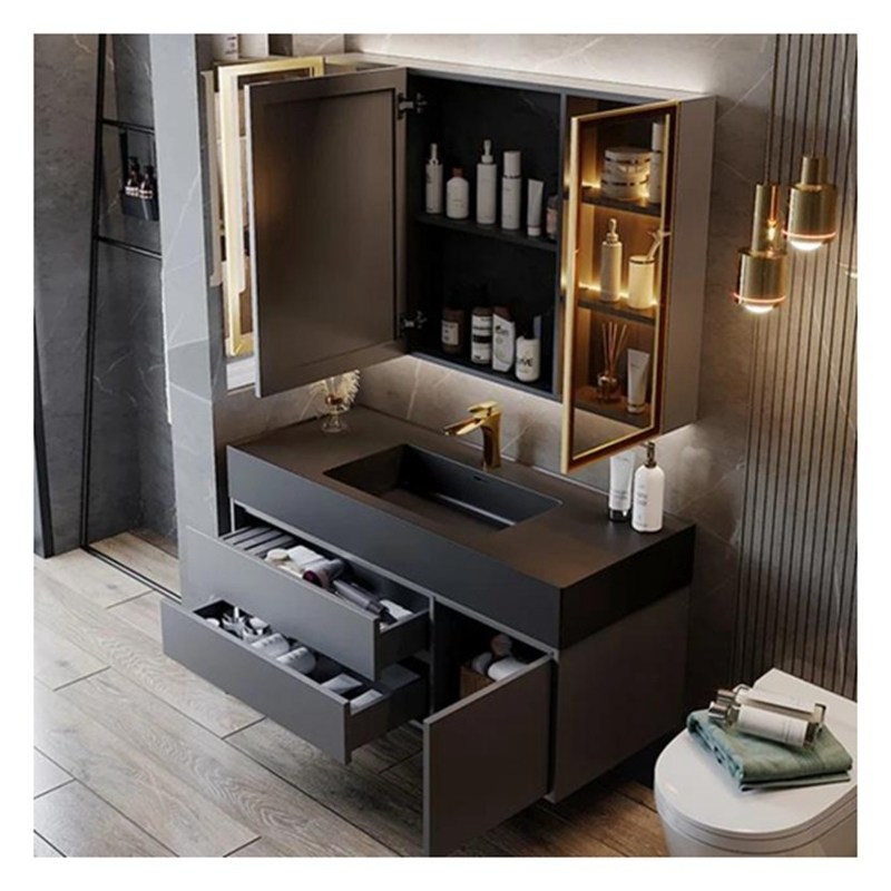 固い木灰色漆器風呂のバニティ ガラスドアパネルと統合盆デザイン