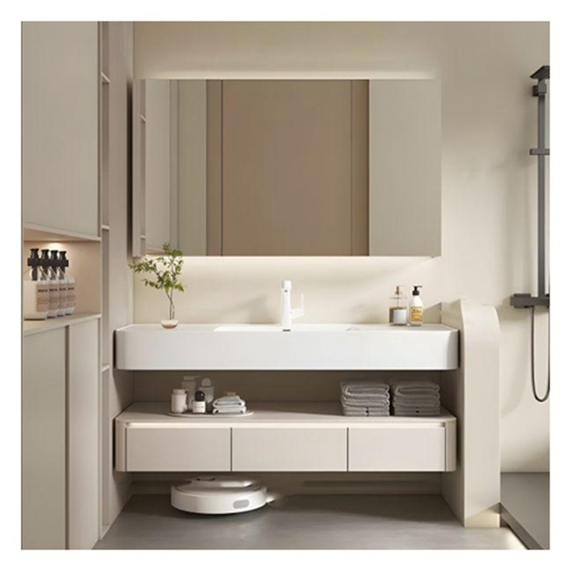 円形デザインのカウンタータップと固木ドアの浮遊白色漆器バニティコンボ